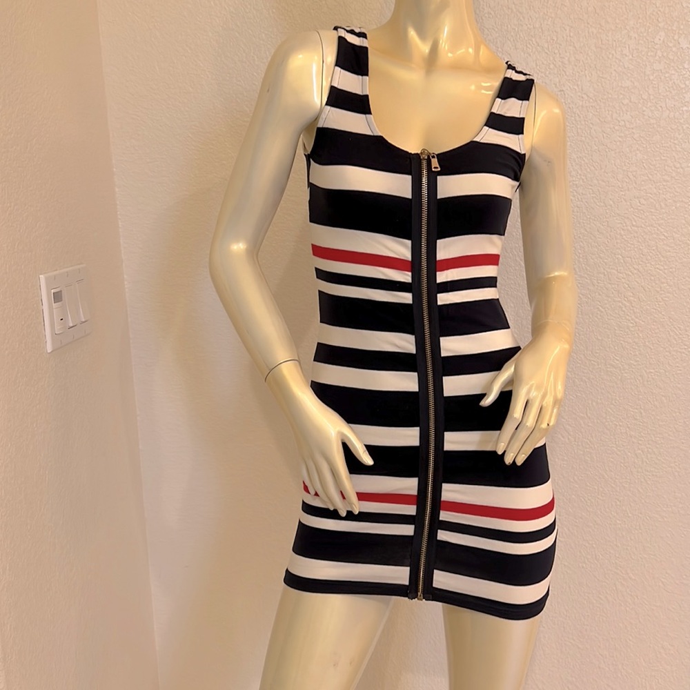 SHK MODE - Striped Sleeveless Front Zipped Mini Dress - One Size